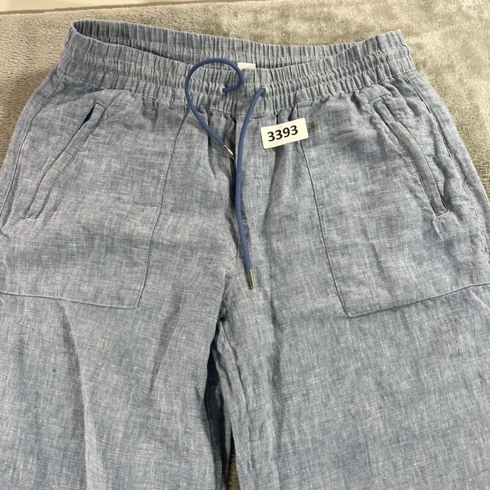 Athleta Pants Women 10P Blue Linen Wide Leg Drawstring Elastic Waist Petite